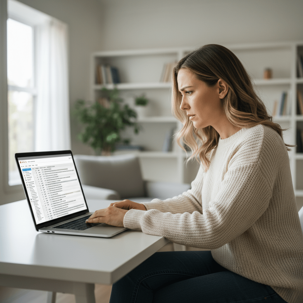 Woman looking at laptop screen trying to recover deleted files in unknown suburb, 1300. Expert data recovery services available.