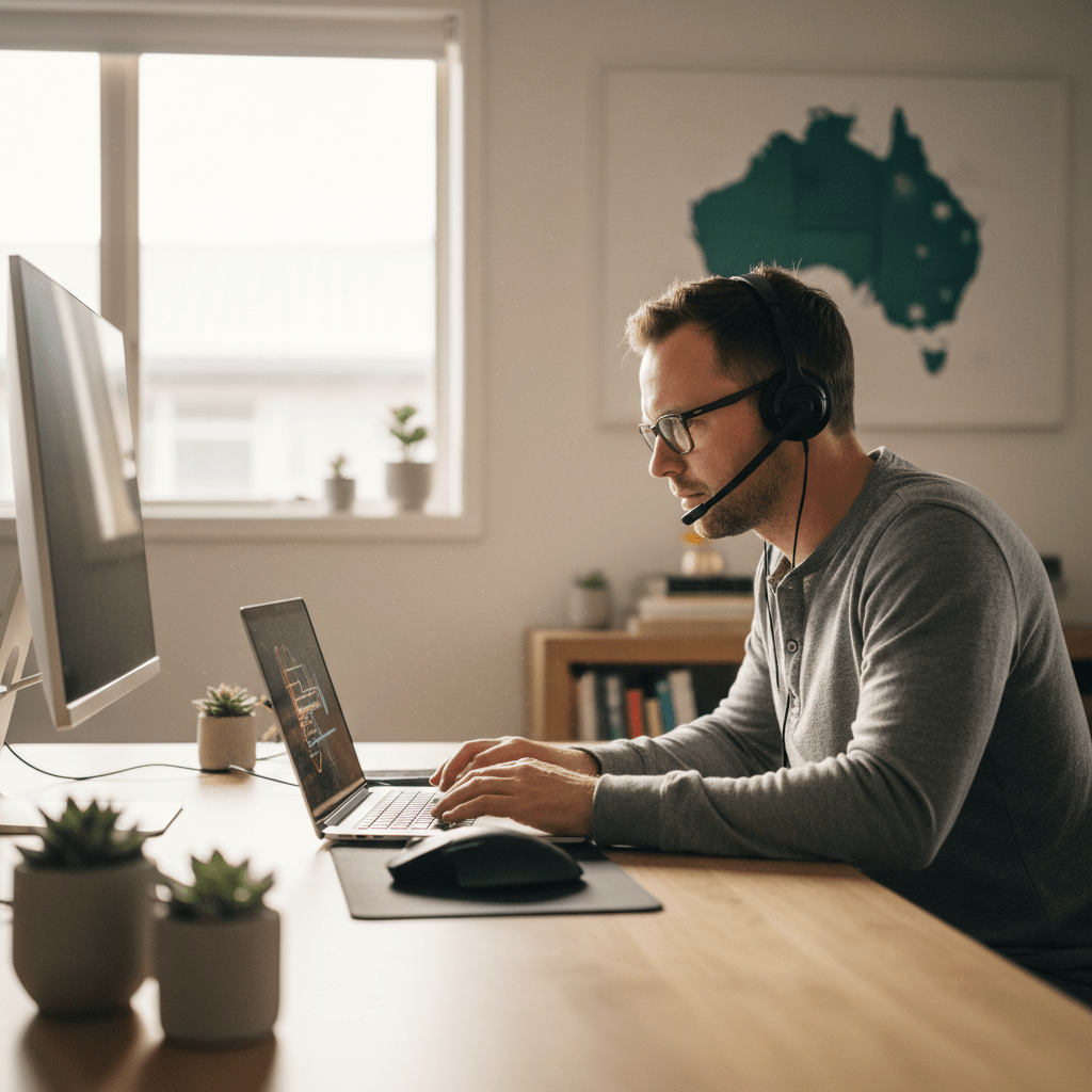 Experienced Anglo-Australian IT technician providing remote helpdesk services, expertly resolving issues from a dedicated home office in Australia.