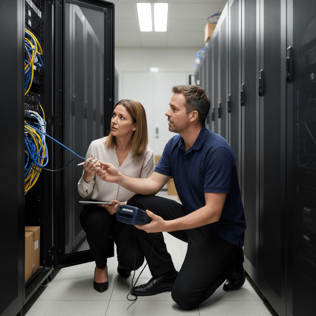 Expert Anglo-Australian IT technician providing remote IT support near me, explaining a solution to a client in a business server room.