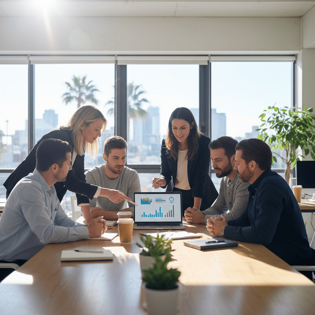 Australian small business owners collaborating on IT strategy, adapting to the internet revolution with expert support.