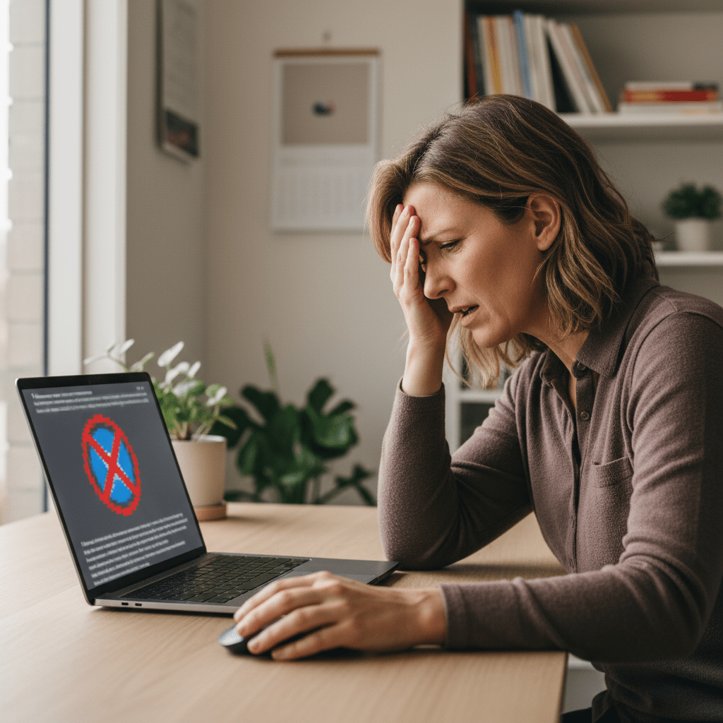 Anglo-Australian woman (40s) in Australia, visibly struggling with computer issues, let The PC Doctor help.