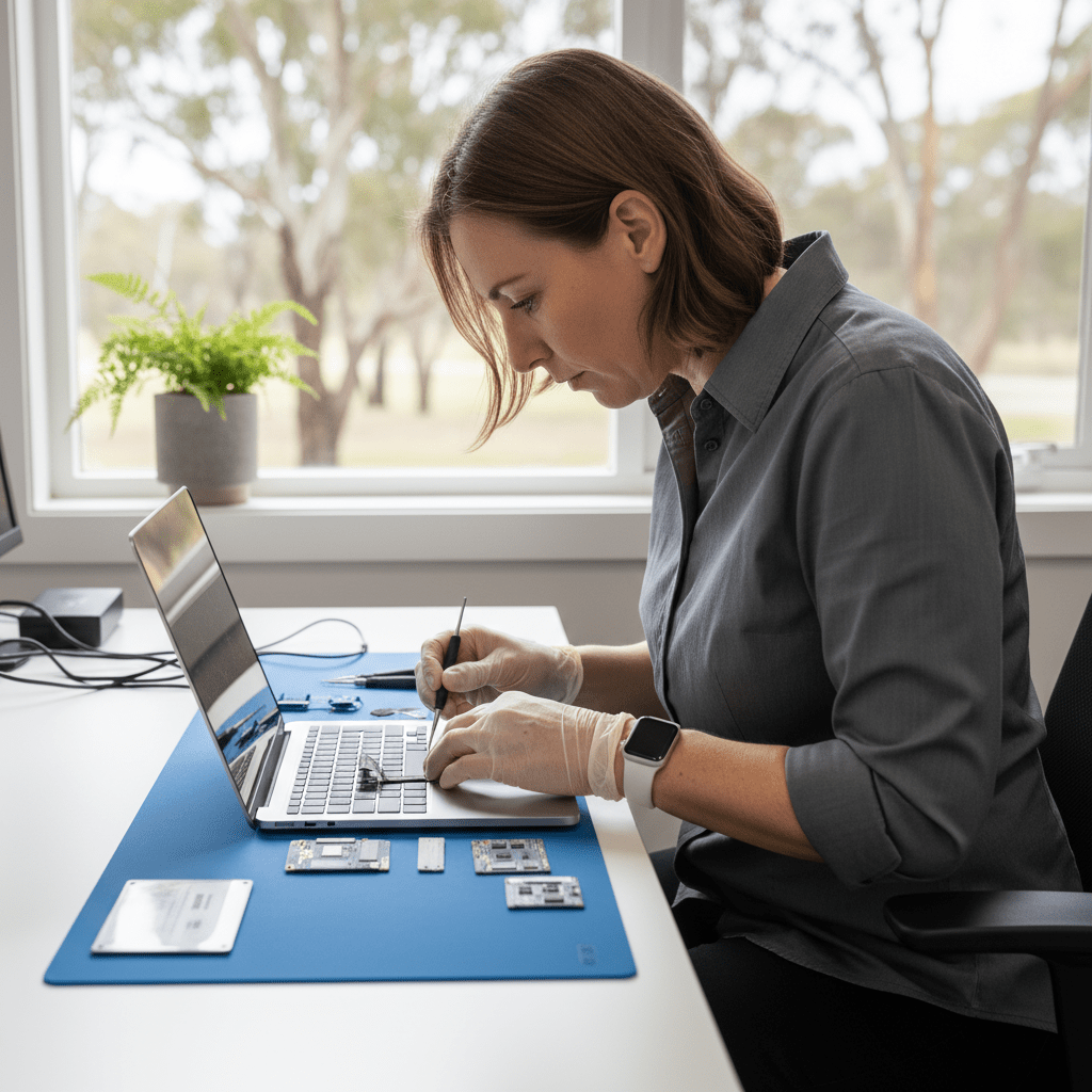 Expert technician performing data recovery on a T2 Intel MacBook Pro 2018 model. Specialized service for T2-era Apple laptops.