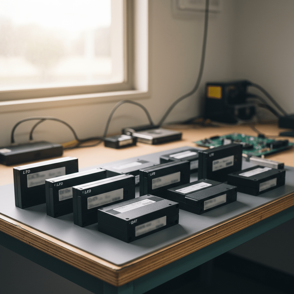 Diverse tape formats we recover from in Australia, including LTO-1 to LTO-9, DAT, DLT, and DDS cartridges.