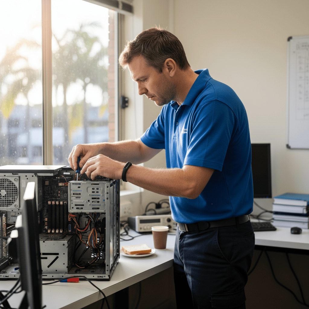 Experienced tech support Brisbane 2101 for small businesses, technician repairing a desktop computer on-site.