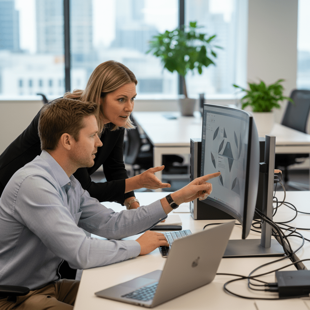Sydney tech support technician assisting a business client with a new workstation setup in a modern Sydney office.