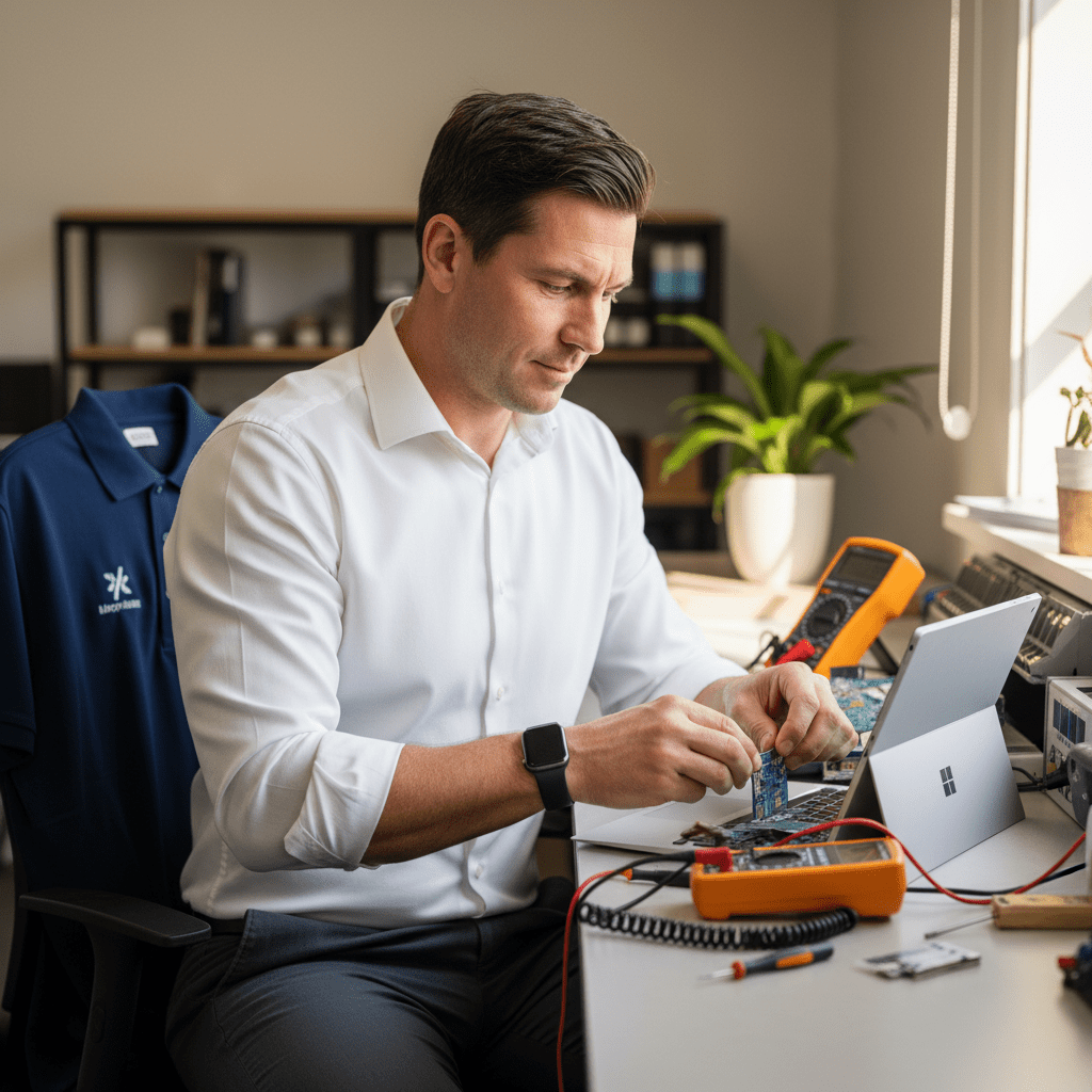 Experienced Australian technician repairing a laptop — experienced technician