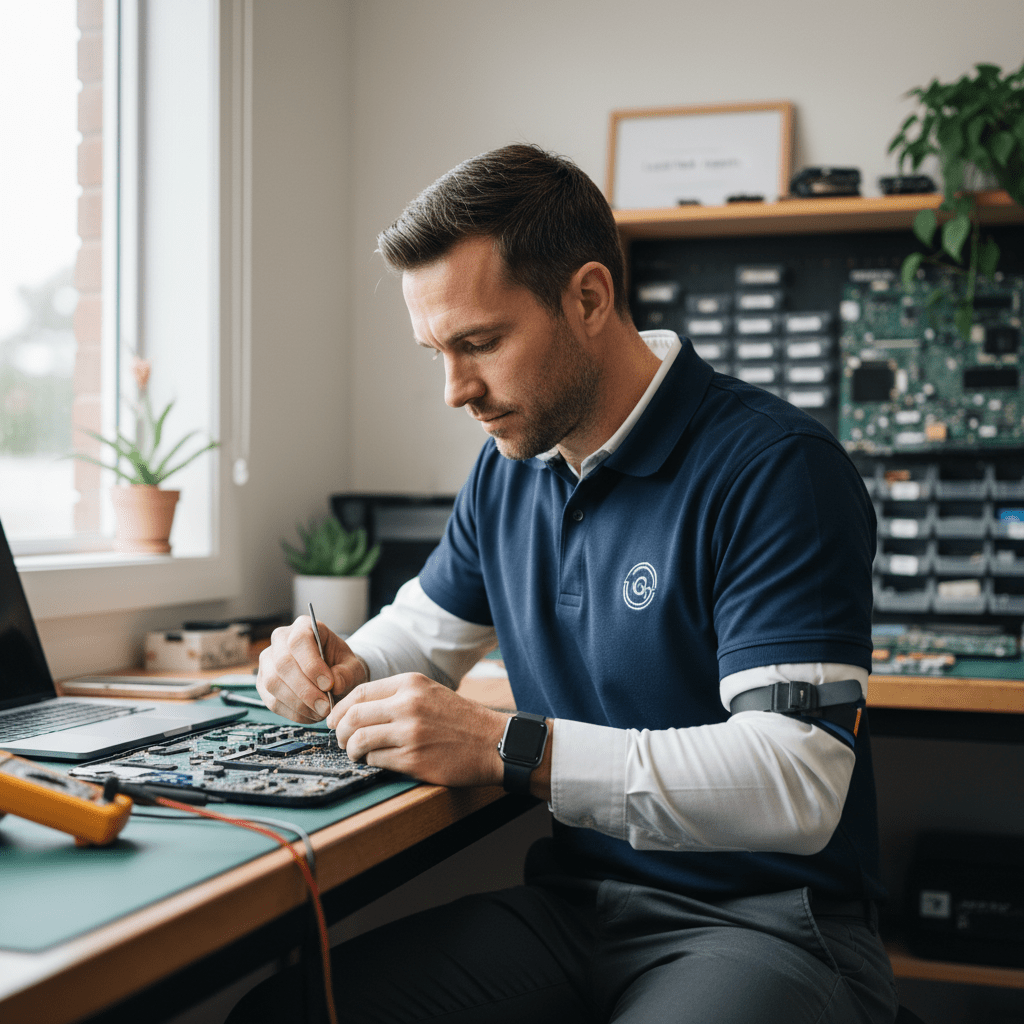 Experienced Australian technician repairing a laptop — friendly local service