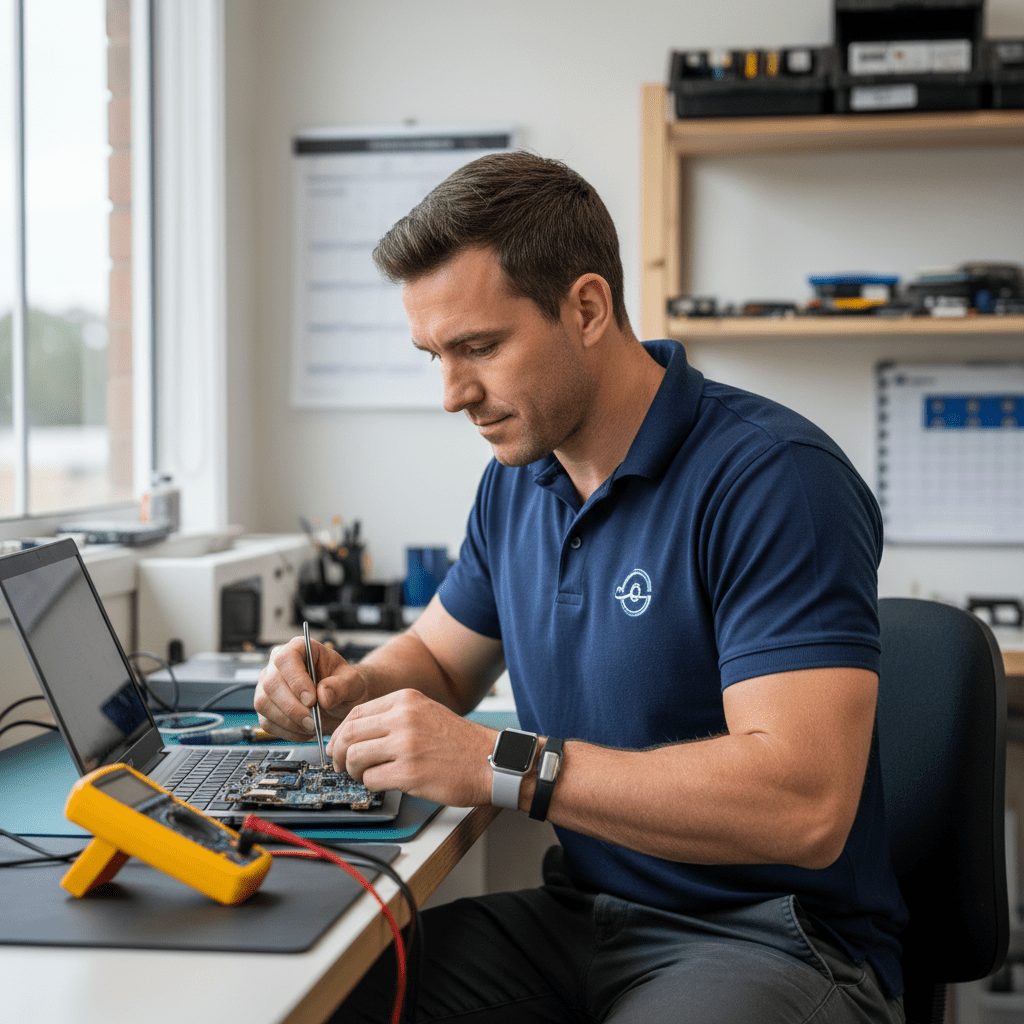 Experienced Australian technician repairing a laptop — 30+ years servicing Australian homes
