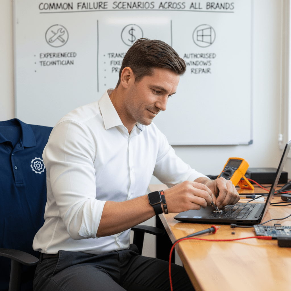 Experienced Australian technician repairing a laptop — transparent fixed pricing