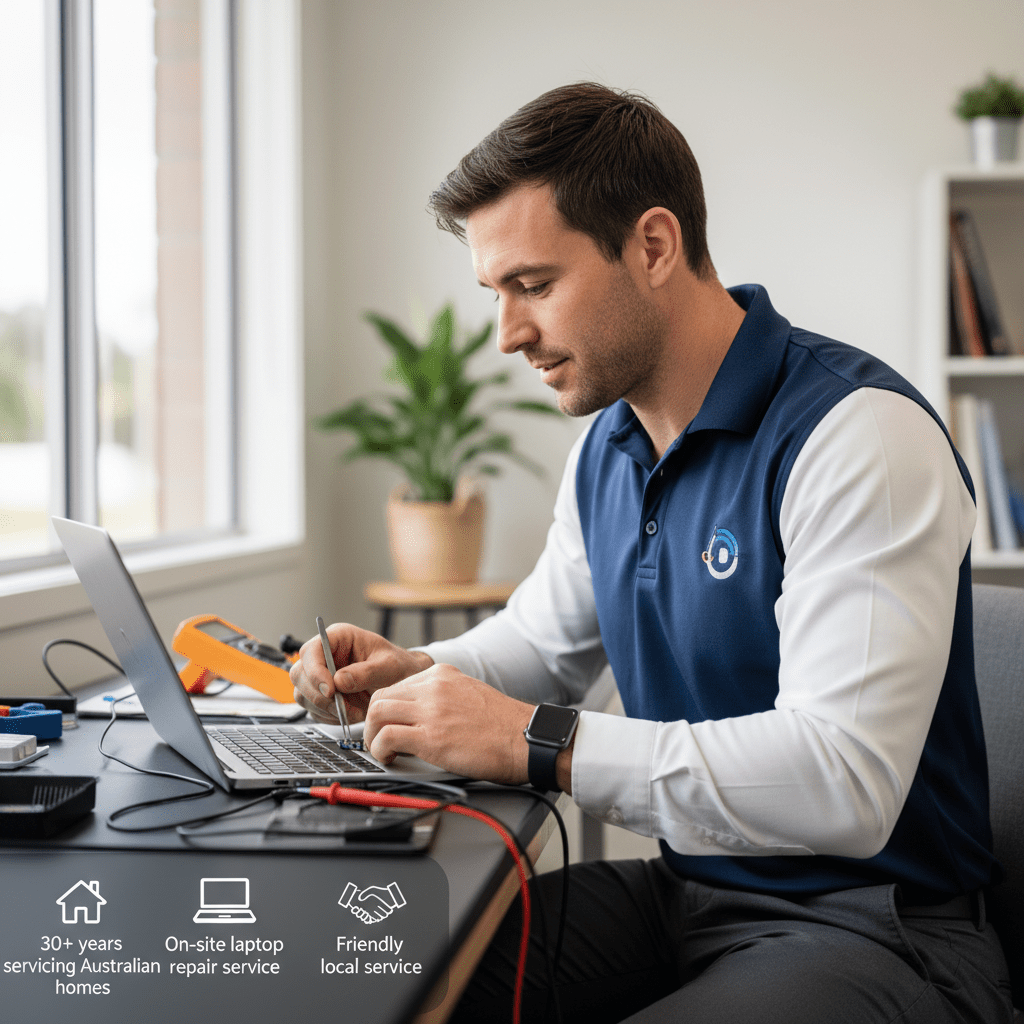 Experienced Australian technician repairing a laptop — on-site laptop repair service