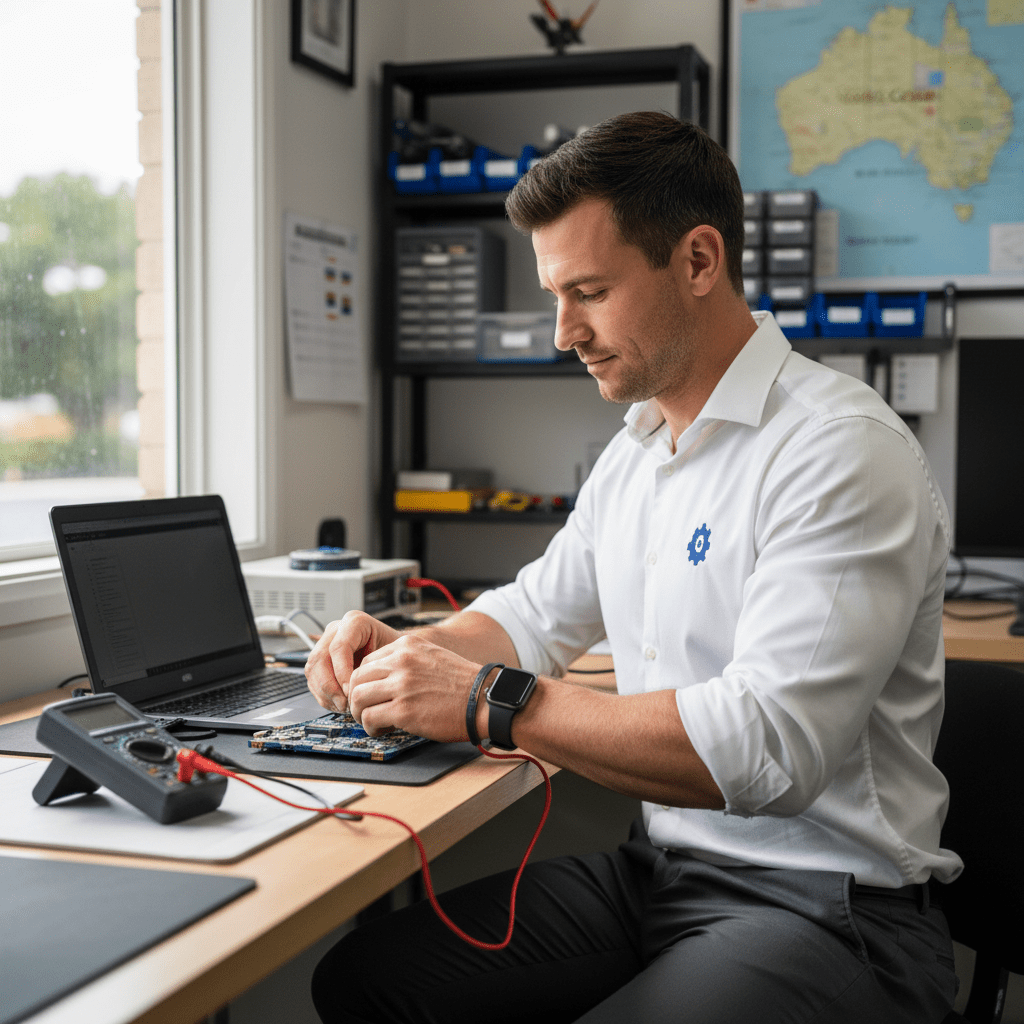 Experienced Australian technician repairing a laptop — genuine replacement parts