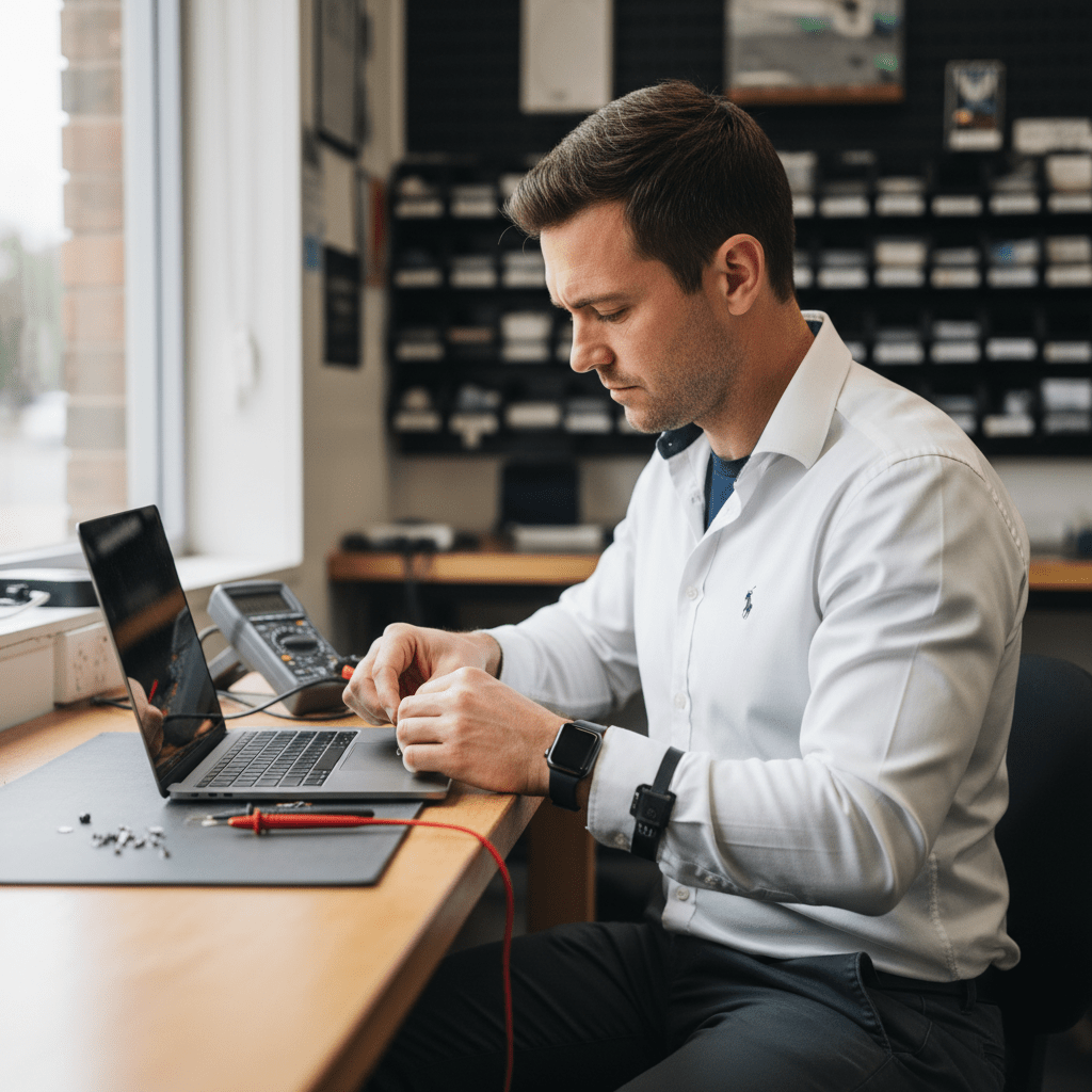 Experienced Australian technician repairing a laptop — genuine replacement parts