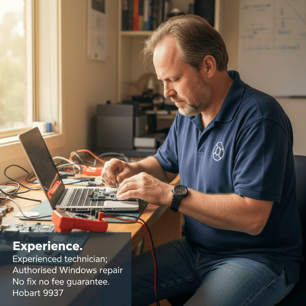 Experienced technician repairing laptop for Hobart customer — authorised Windows repair
