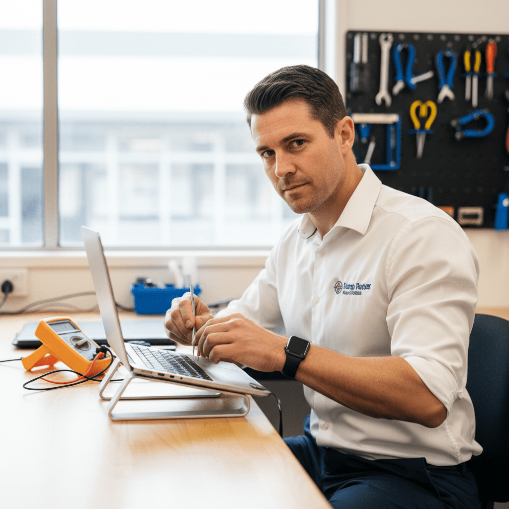 Experienced technician repairing laptop for Melbourne customer — genuine replacement parts