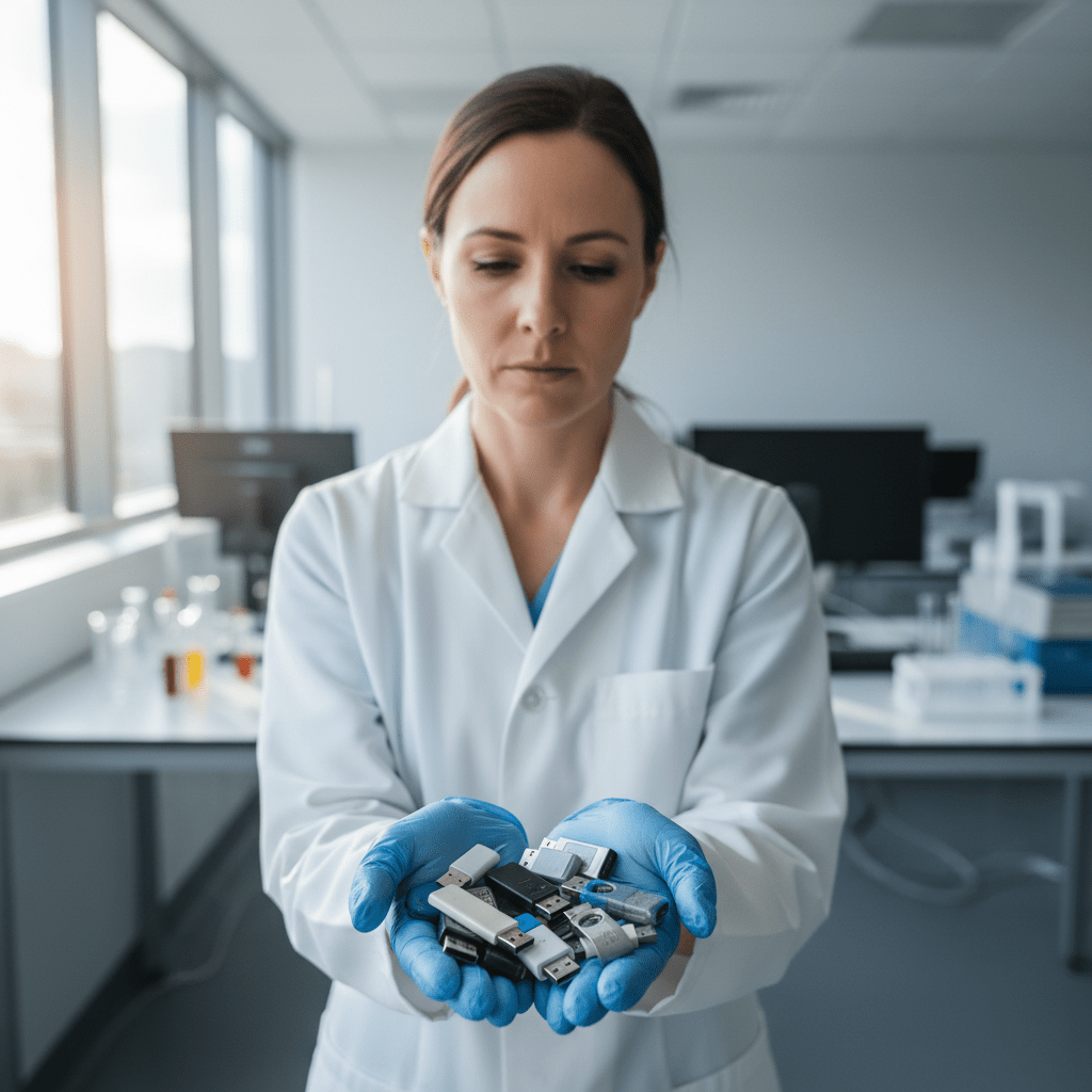 Expert technician performing USB thumb drive recovery, handling various brands of flash drives for data retrieval.