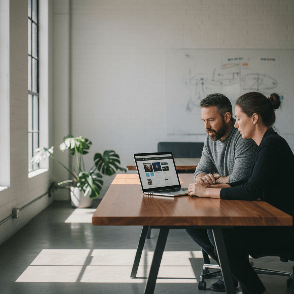 Professional website development services for small business Australia, with a developer and business owner collaborating on a laptop.