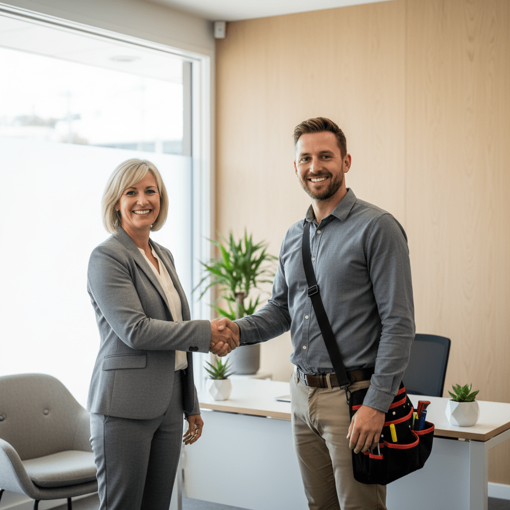 Business owner shaking hands with an IT helpdesk technician, illustrating why businesses choose our IT helpdesk Australia for reliable support.