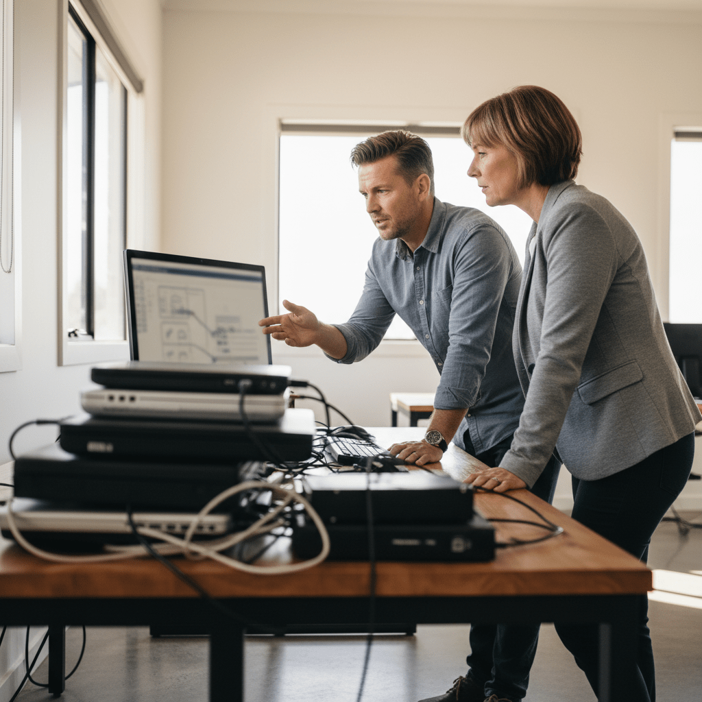 Why secure data erasure matters for Australia: IT technician discussing data security with a Darwin business owner before IT equipment recycling.