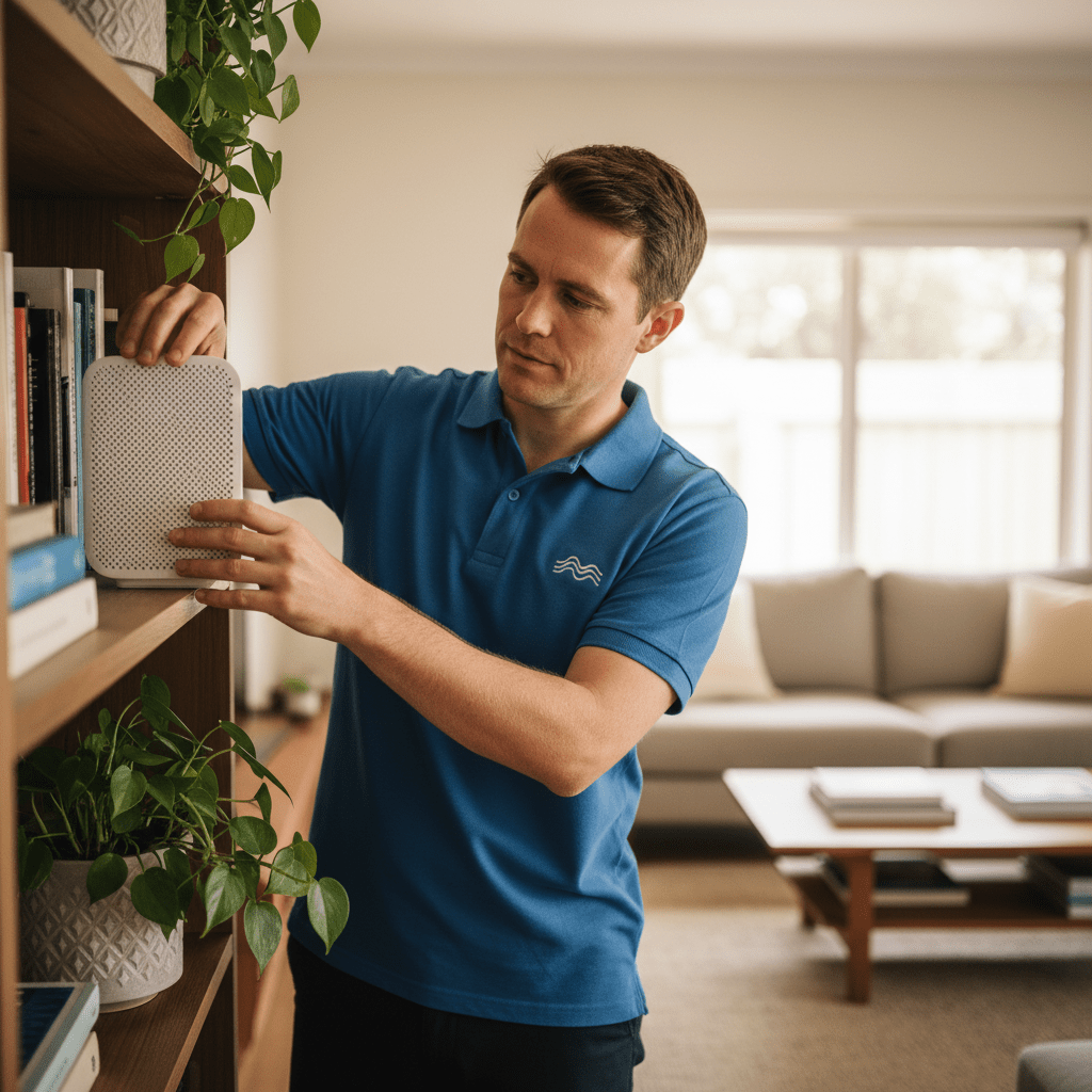 Seamless home mesh Wi-Fi installation by a technician, extending reliable wi-fi coverage throughout the house.
