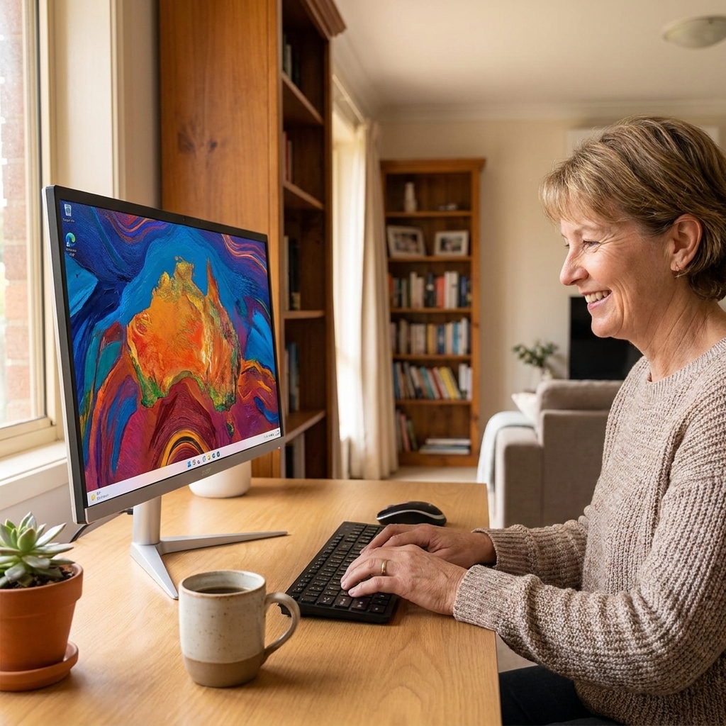 Acer Aspire C24 all-in-one repair — the actual Acer Aspire C24 all-in-one desktop running at home, owner seated using it with a separate keyboard and mouse