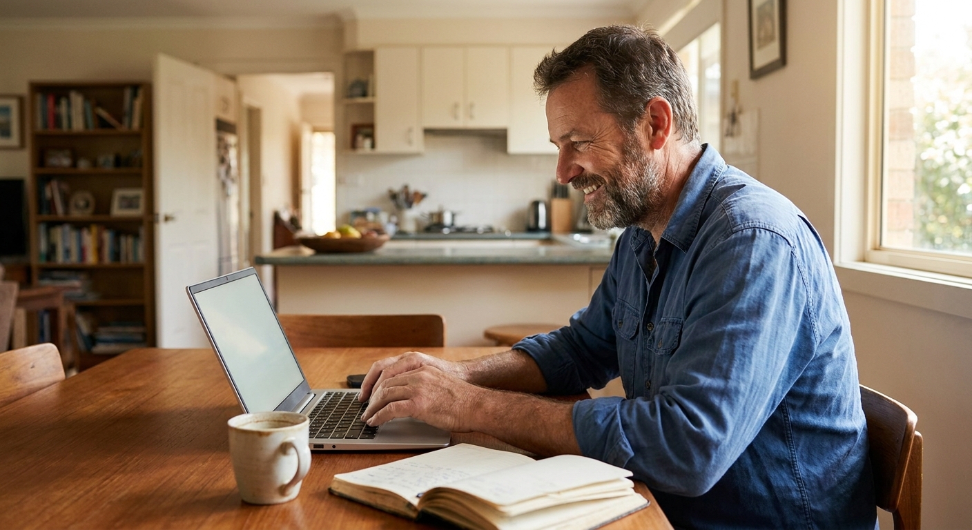 Acer laptop repair Australia — a happy owner at home using their slim silver laptop working perfectly again