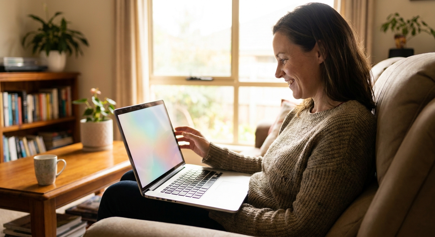 Acer laptop screen repair — a happy owner at home with a crisp, flawless, fully restored laptop display