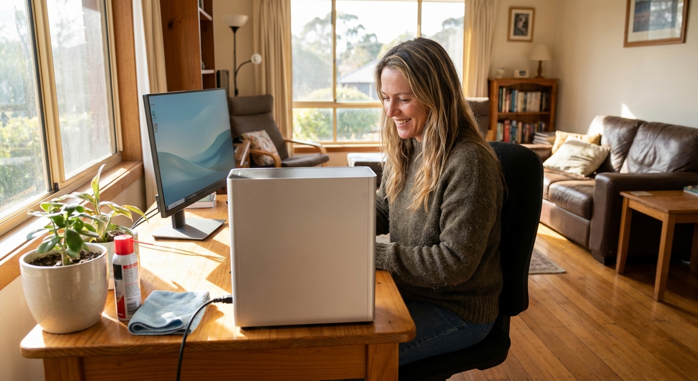 Computer cleaning in Abbotsford 3067 — a local resident at home with a clean, fast, dust-free computer running cool and quiet