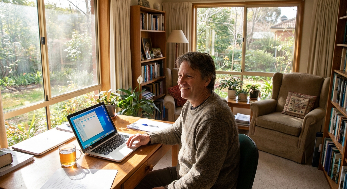 Professional computer clean-out in Ainslie (2602) — a happy the ACT resident at home with a spotless, fast, quiet machine