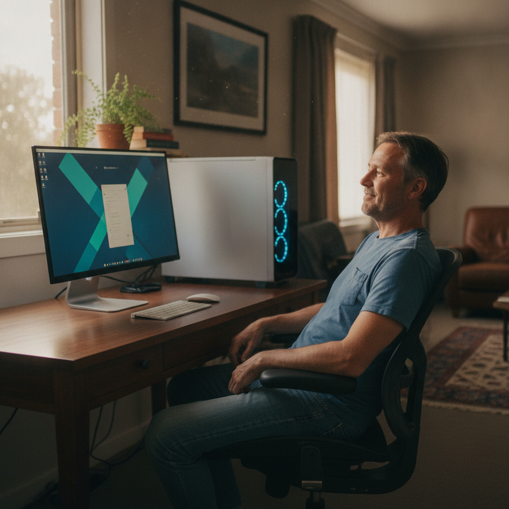 Professional computer clean-out in Albion Heights (7050) — a happy Tasmania resident at home with a spotless, fast, quiet machine