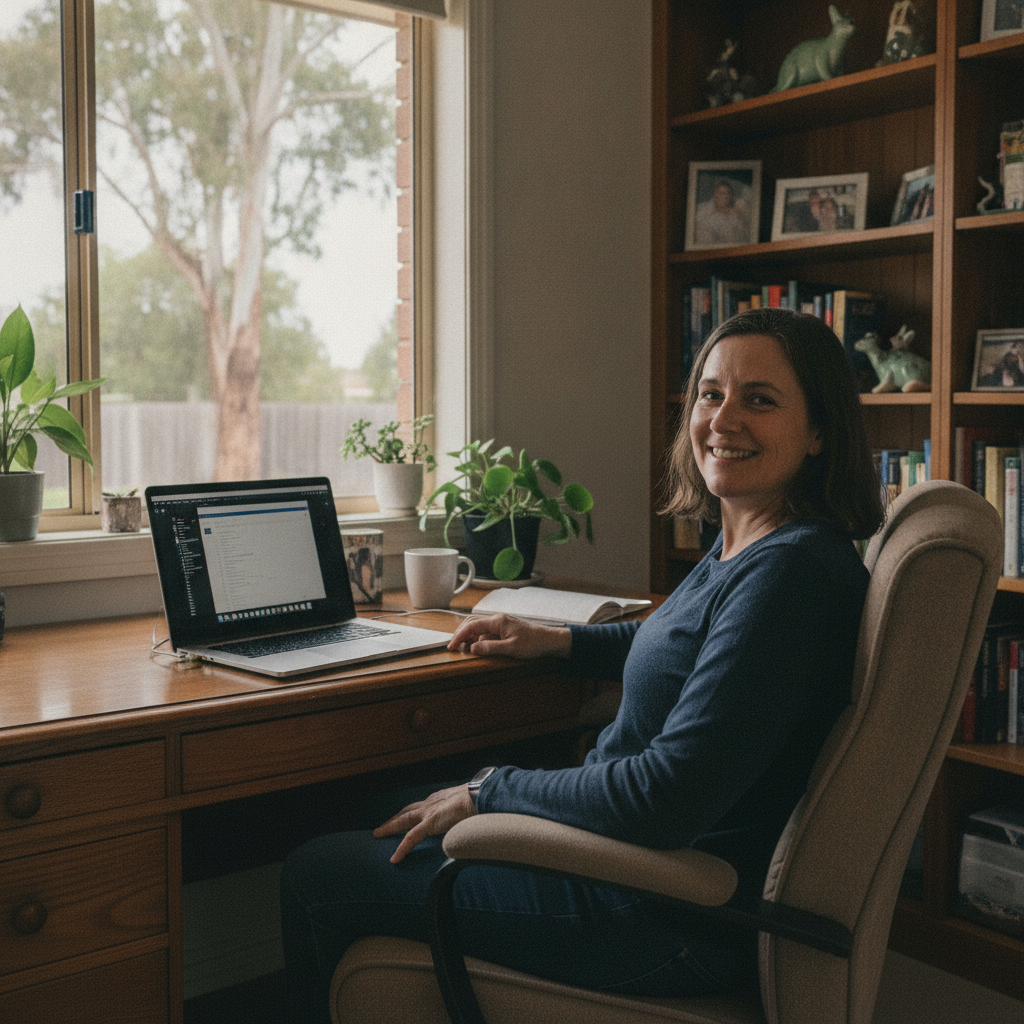 Professional computer clean-out in Alison (2420) — a happy New South Wales resident at home with a spotless, fast, quiet machine
