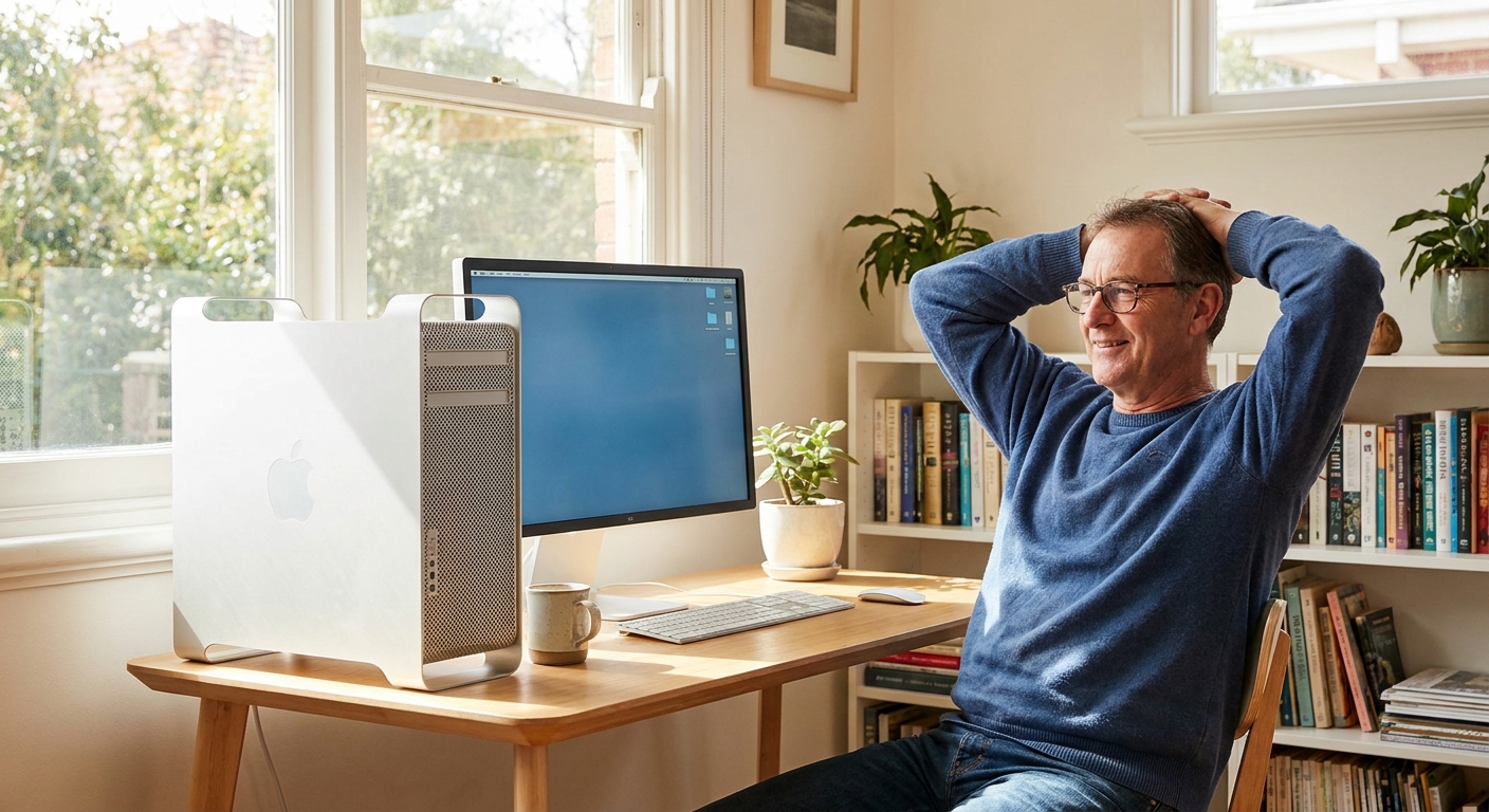 Professional computer clean-out in Alphington (3078) — a happy Victoria resident at home with a spotless, fast, quiet machine