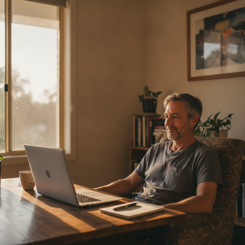 Professional computer clean-out in Alstonville (2477) — a happy New South Wales resident at home with a spotless, fast, quiet machine