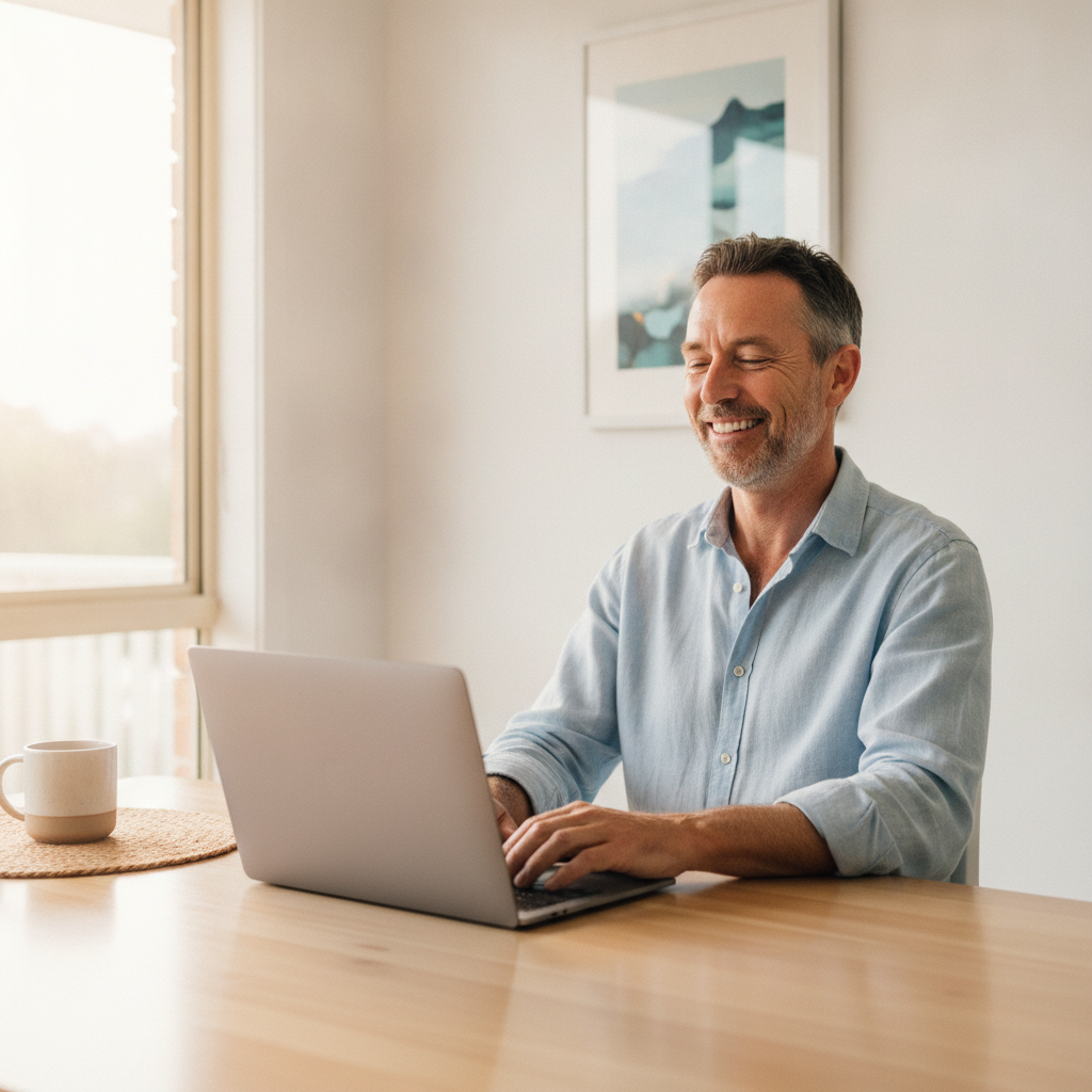 Professional computer clean-out in Angourie (2464) — a happy New South Wales resident at home with a spotless, fast, quiet machine
