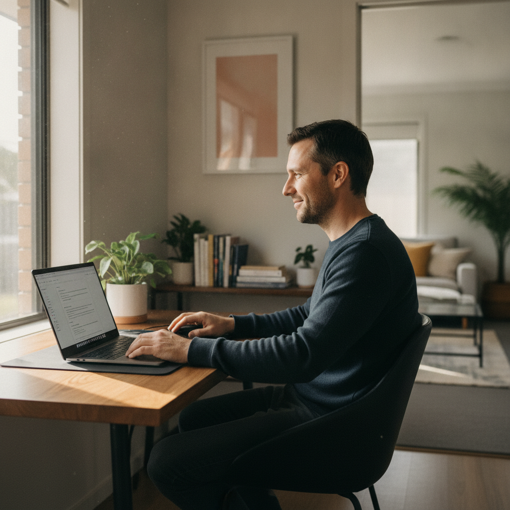 Professional computer clean-out in Anstead (4070) — a happy Queensland resident at home with a spotless, fast, quiet machine