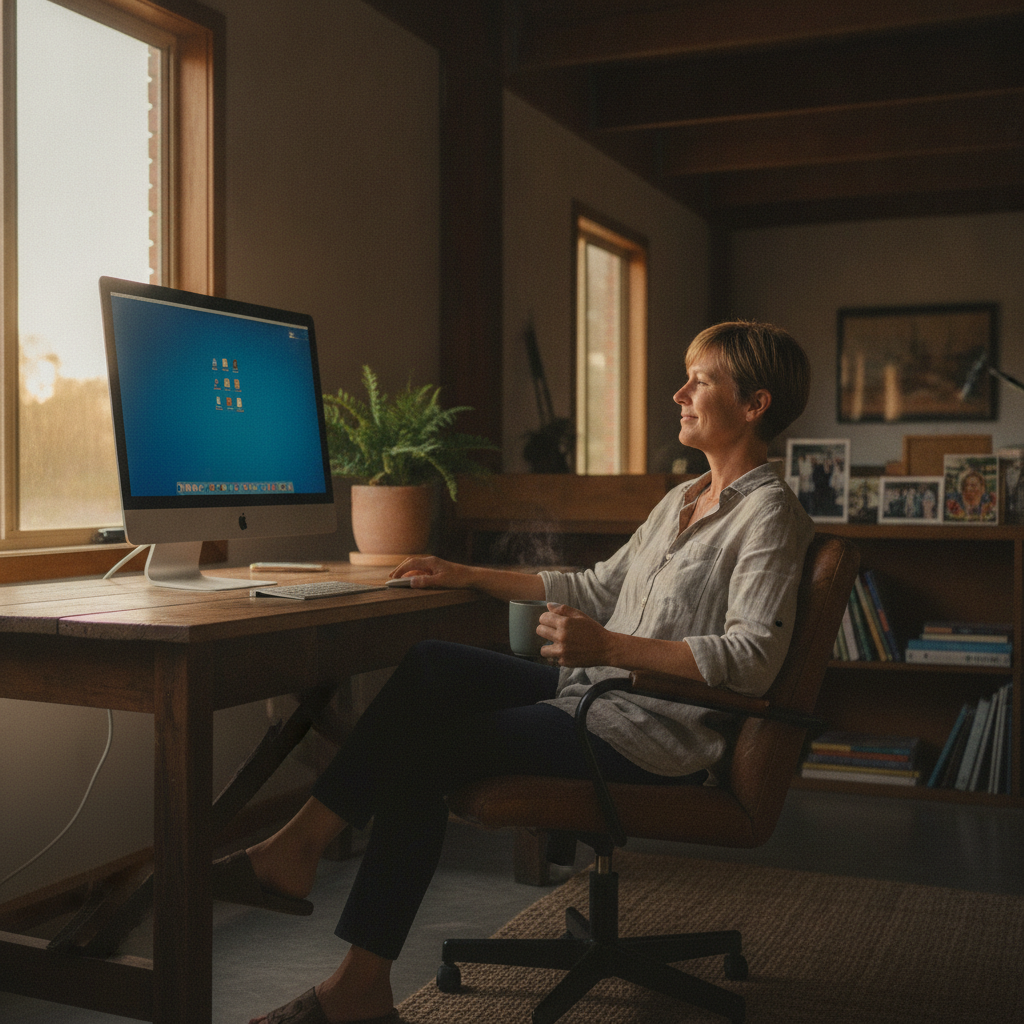 Professional computer clean-out in Arumpo (2715) — a happy New South Wales resident at home with a spotless, fast, quiet machine