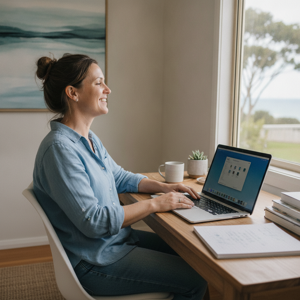 Professional computer clean-out in Ashby Island (2463) — a happy New South Wales resident at home with a spotless, fast, quiet machine