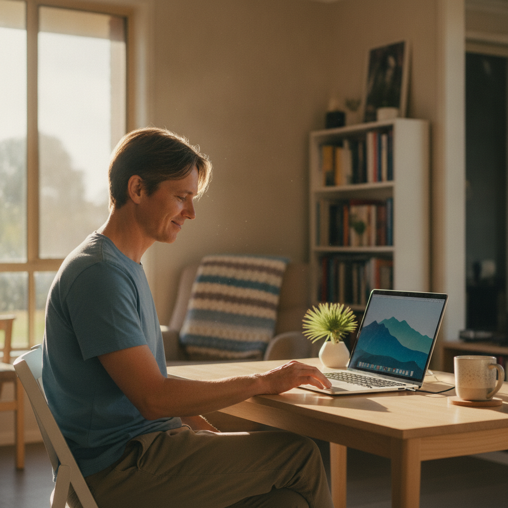Professional computer clean-out in Ashfield (6054) — a happy Western Australia resident at home with a spotless, fast, quiet machine