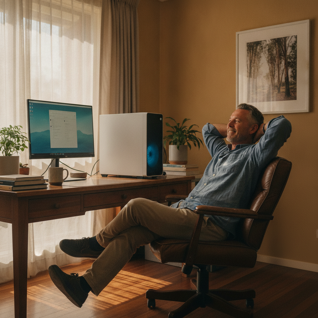 Professional computer clean-out in Atwell (6164) — a happy Western Australia resident at home with a spotless, fast, quiet machine