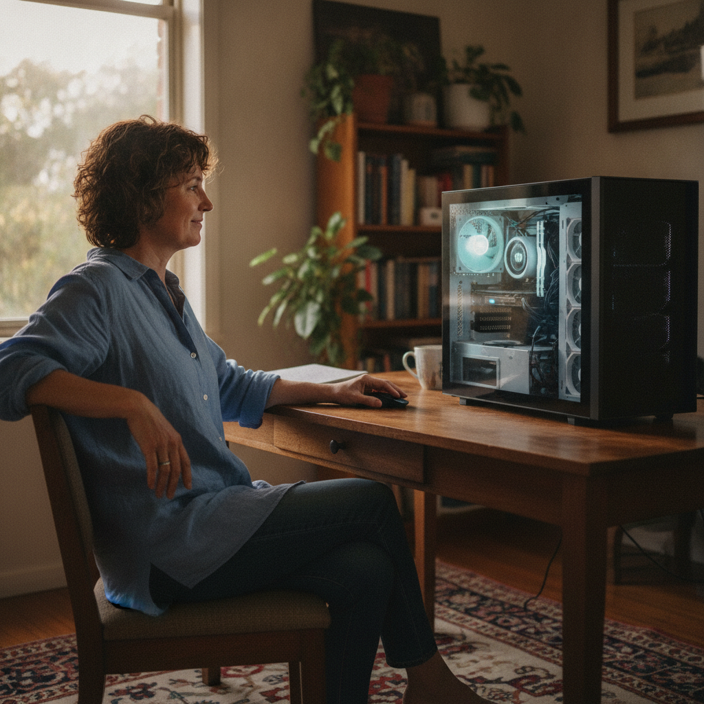 Professional computer clean-out in Avondale (2530) — a happy New South Wales resident at home with a spotless, fast, quiet machine