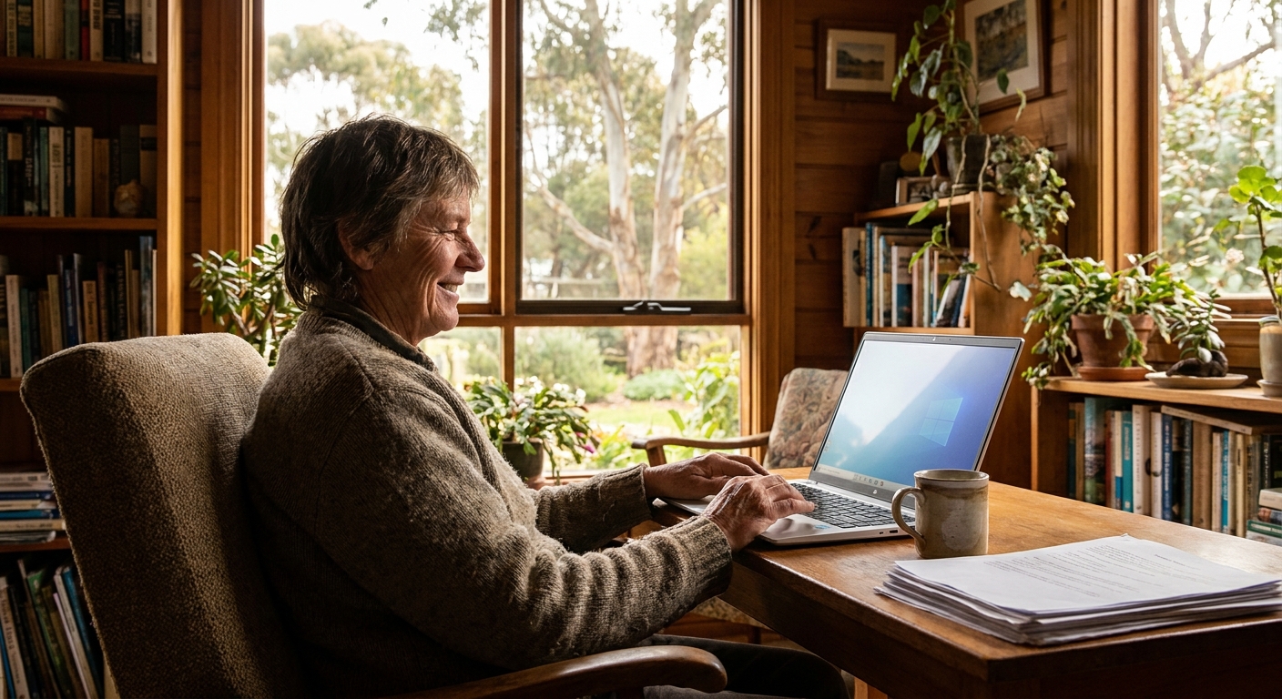Professional computer clean-out in Avonsleigh (3782) — a happy Victoria resident at home with a spotless, fast, quiet machine