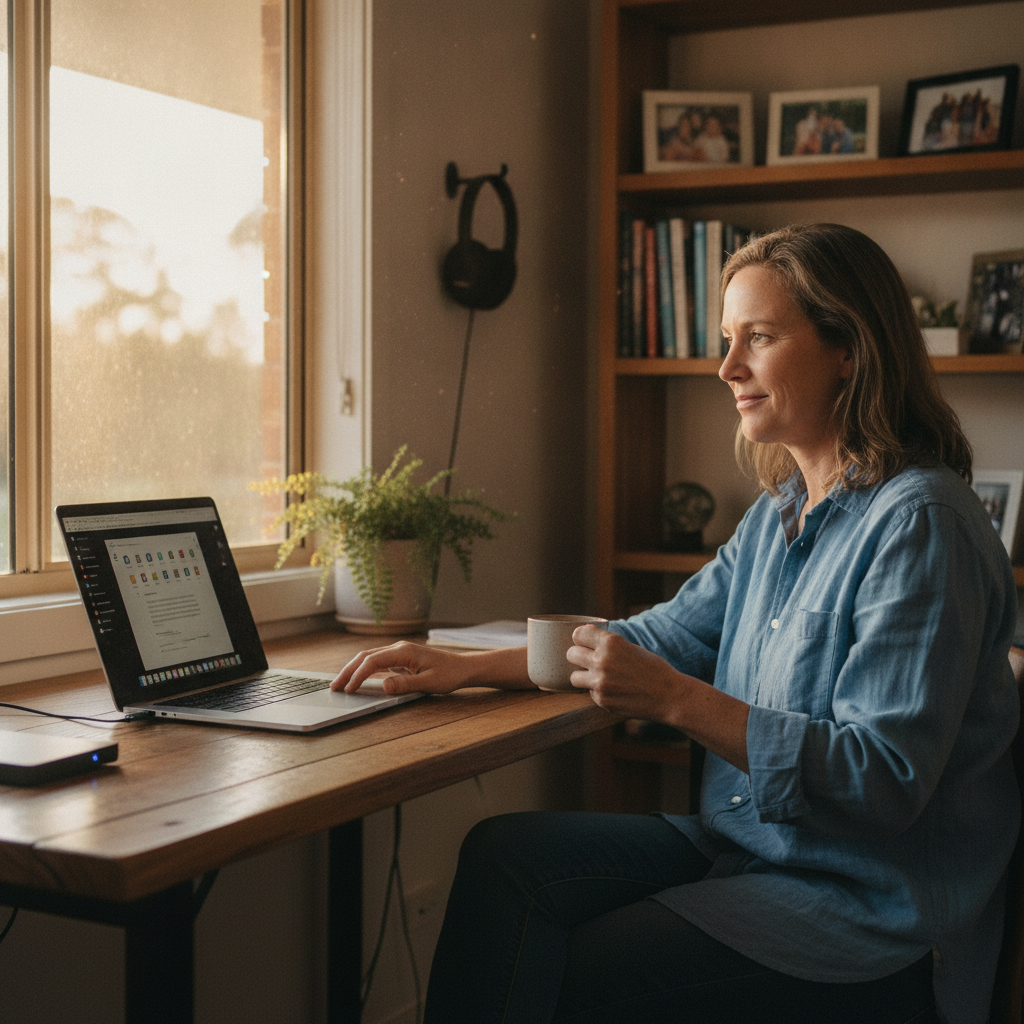 Professional computer clean-out in Awaba (2283) — a happy New South Wales resident at home with a spotless, fast, quiet machine