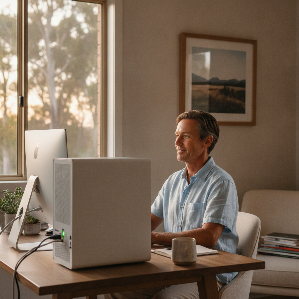 Professional computer clean-out in Bald Ridge (2795) — a happy New South Wales resident at home with a spotless, fast, quiet machine