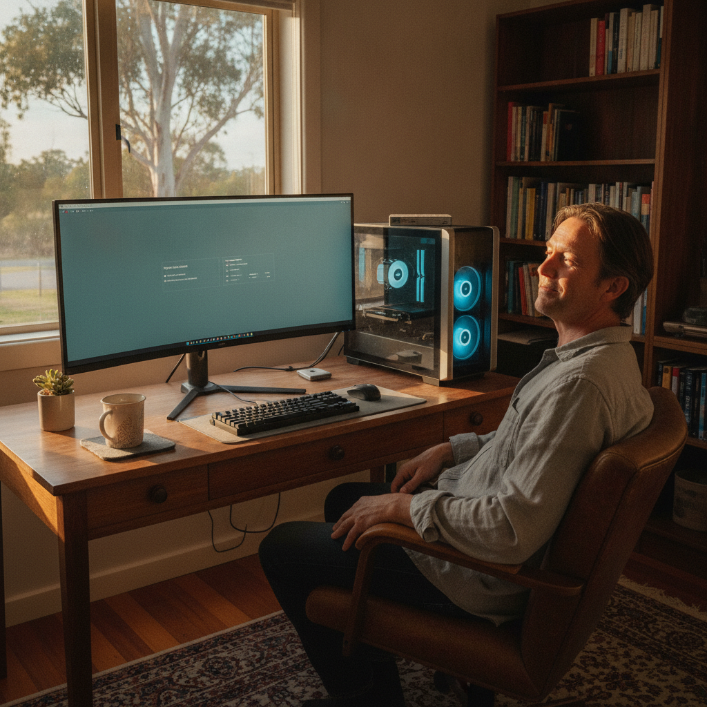 Professional computer clean-out in Baldersleigh (2365) — a happy New South Wales resident at home with a spotless, fast, quiet machine