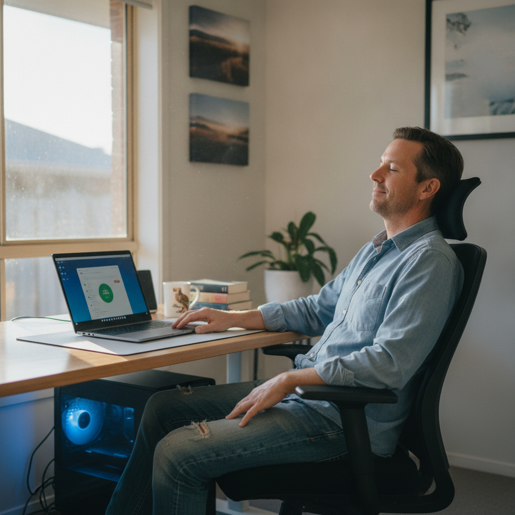 Professional computer clean-out in Banksia Grove (6031) — a happy Western Australia resident at home with a spotless, fast, quiet machine