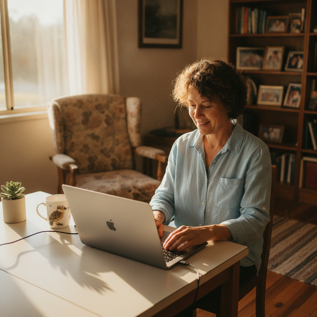 Professional computer clean-out in Bannockburn (4207) — a happy Queensland resident at home with a spotless, fast, quiet machine