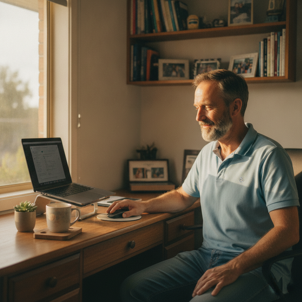 Professional computer clean-out in Banoon (2347) — a happy New South Wales resident at home with a spotless, fast, quiet machine