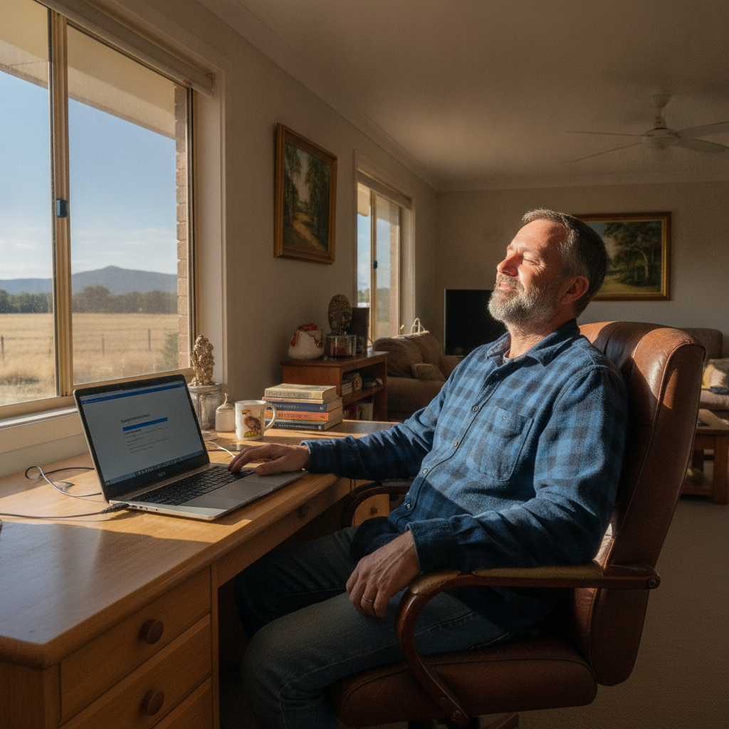Professional computer clean-out in Barnawartha North (3691) — a happy Victoria resident at home with a spotless, fast, quiet machine