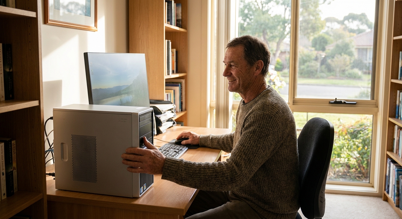 Professional computer clean-out in Barton (2600) — a happy the ACT resident at home with a spotless, fast, quiet machine