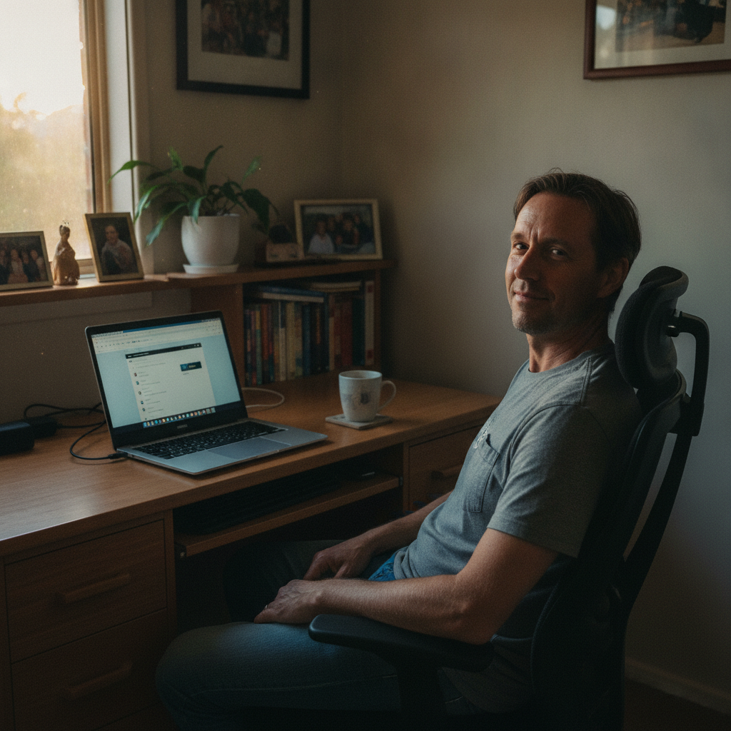 Professional computer clean-out in Bassendean (6054) — a happy Western Australia resident at home with a spotless, fast, quiet machine