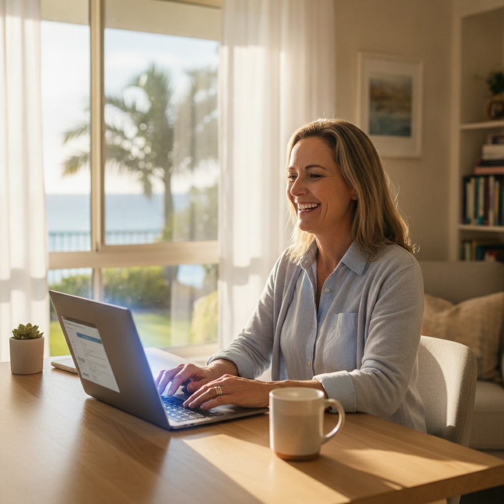 Professional computer clean-out in Beachmere (4510) — a happy Queensland resident at home with a spotless, fast, quiet machine